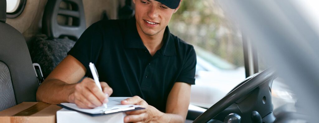 WHG York Delivery driver signing for parcel